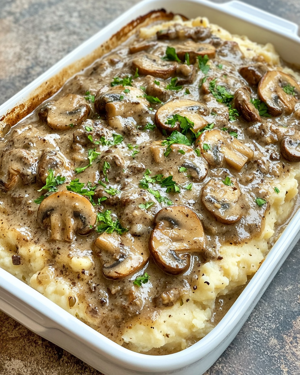 Mushroom and Beef Gravy over Mashed Potatoes