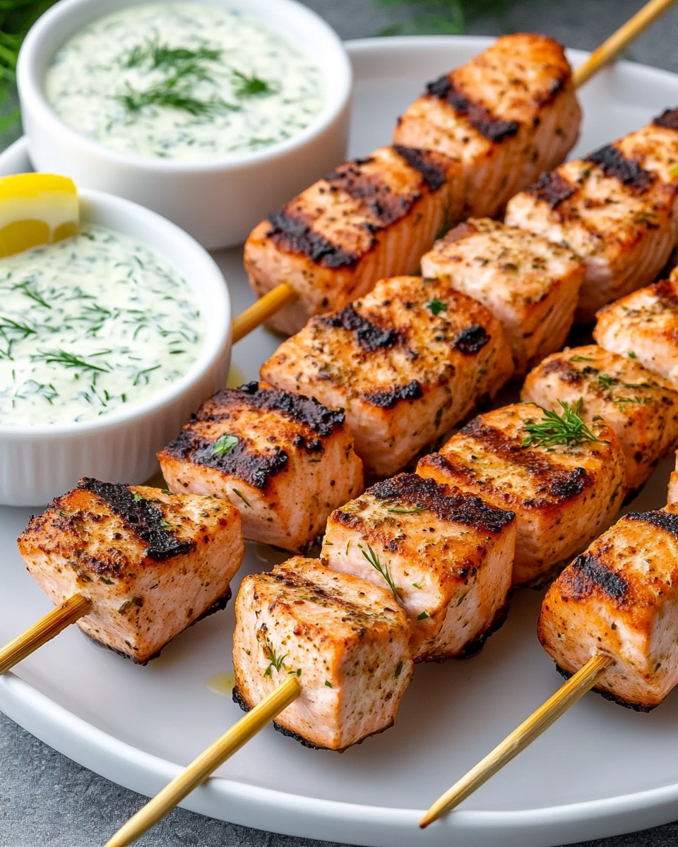 Grilled Salmon Skewers with Creamy Dill Yogurt Sauce