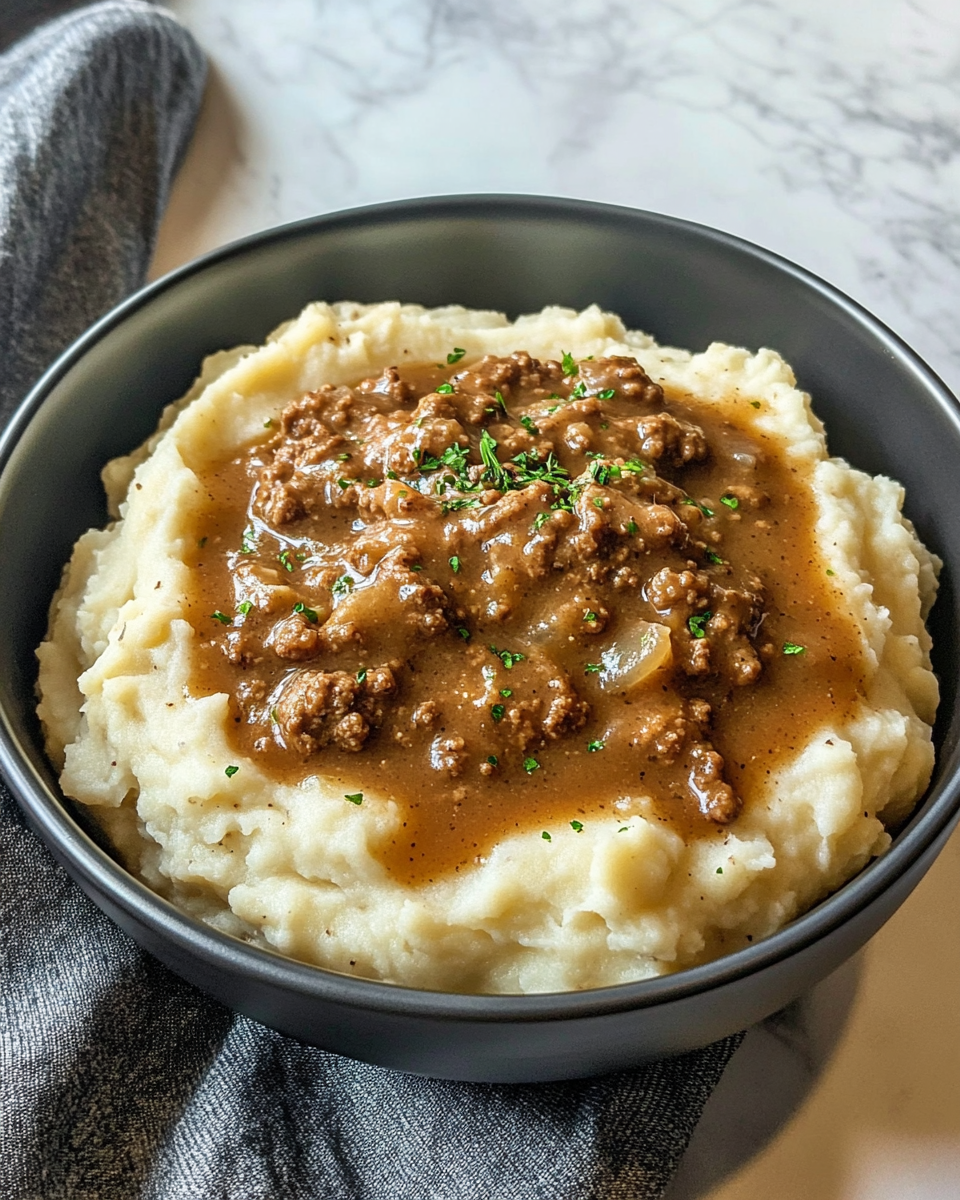 Ground Beef and Gravy Over Mashed Potatoes