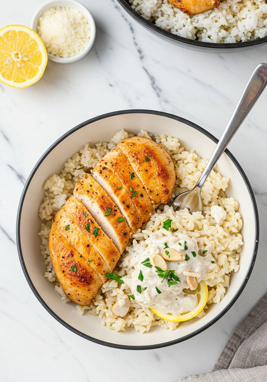 Chicken & Rice Bowls with Creamy Garlic Sauce