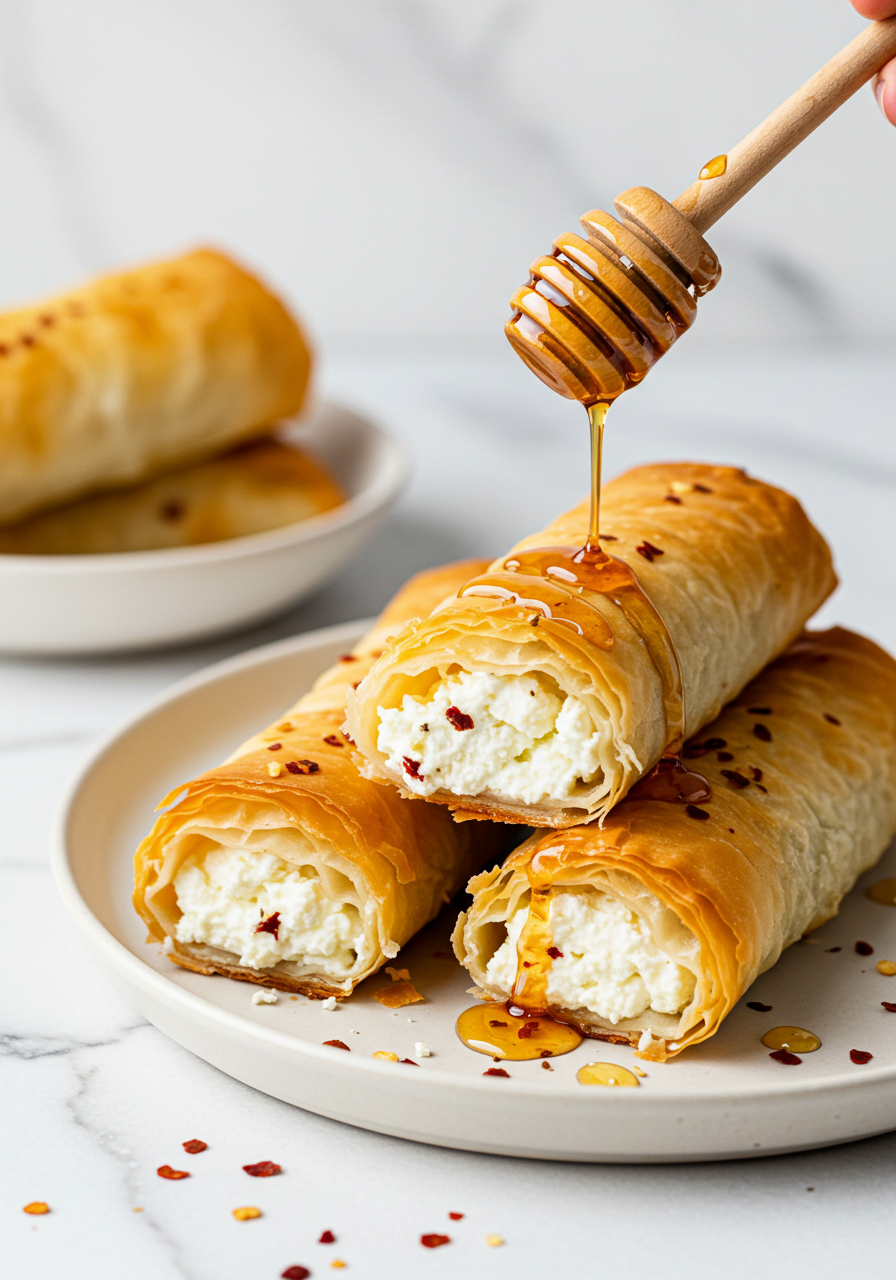 Oven Fried Feta Rolls with Chili Honey