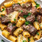 Garlic Butter Steak Tips with Cheesy Rigatoni