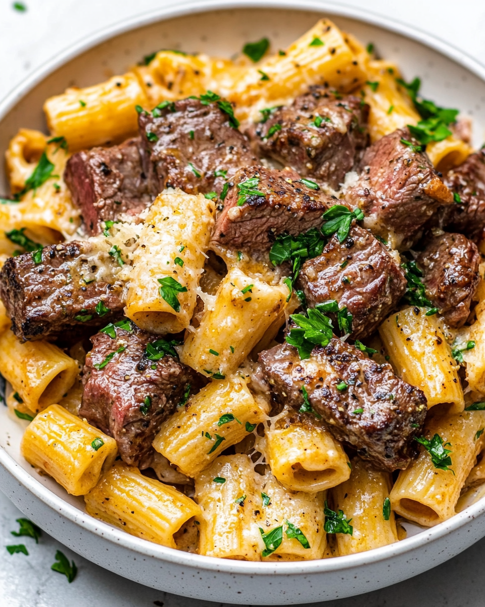 Garlic Butter Steak Tips with Cheesy Rigatoni