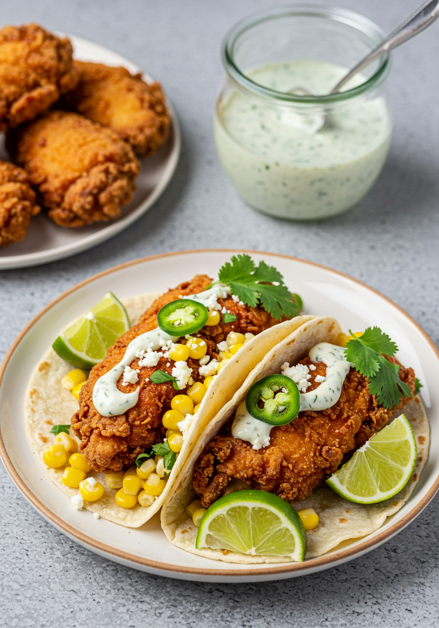 Fried Chicken Street Corn Taco with Jalapeno Lime Ranch