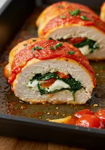 Roasted Red Pepper Spinach and Mozzarella Stuffed Chicken