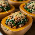 Turkey Sausage-Stuffed Butternut Squash with Spinach