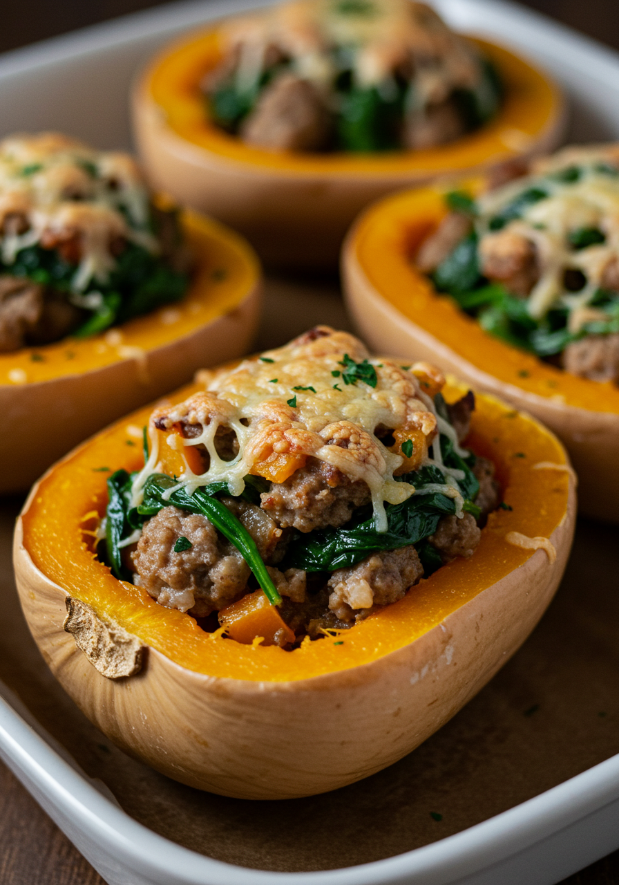 Turkey Sausage-Stuffed Butternut Squash with Spinach